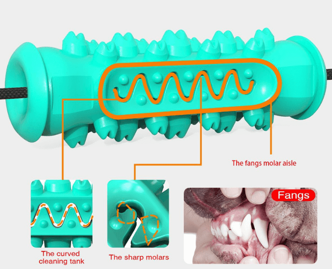 hundeleke med tannpleie detaljbeskrivelse illustrasjon av produktspesifikasjon med forklarende lang tekst